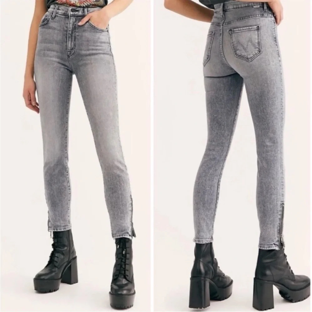 MOTHER The Swooner Ankle Zip Skinny Jeans Stretch Denim Static Light Grey Wash
